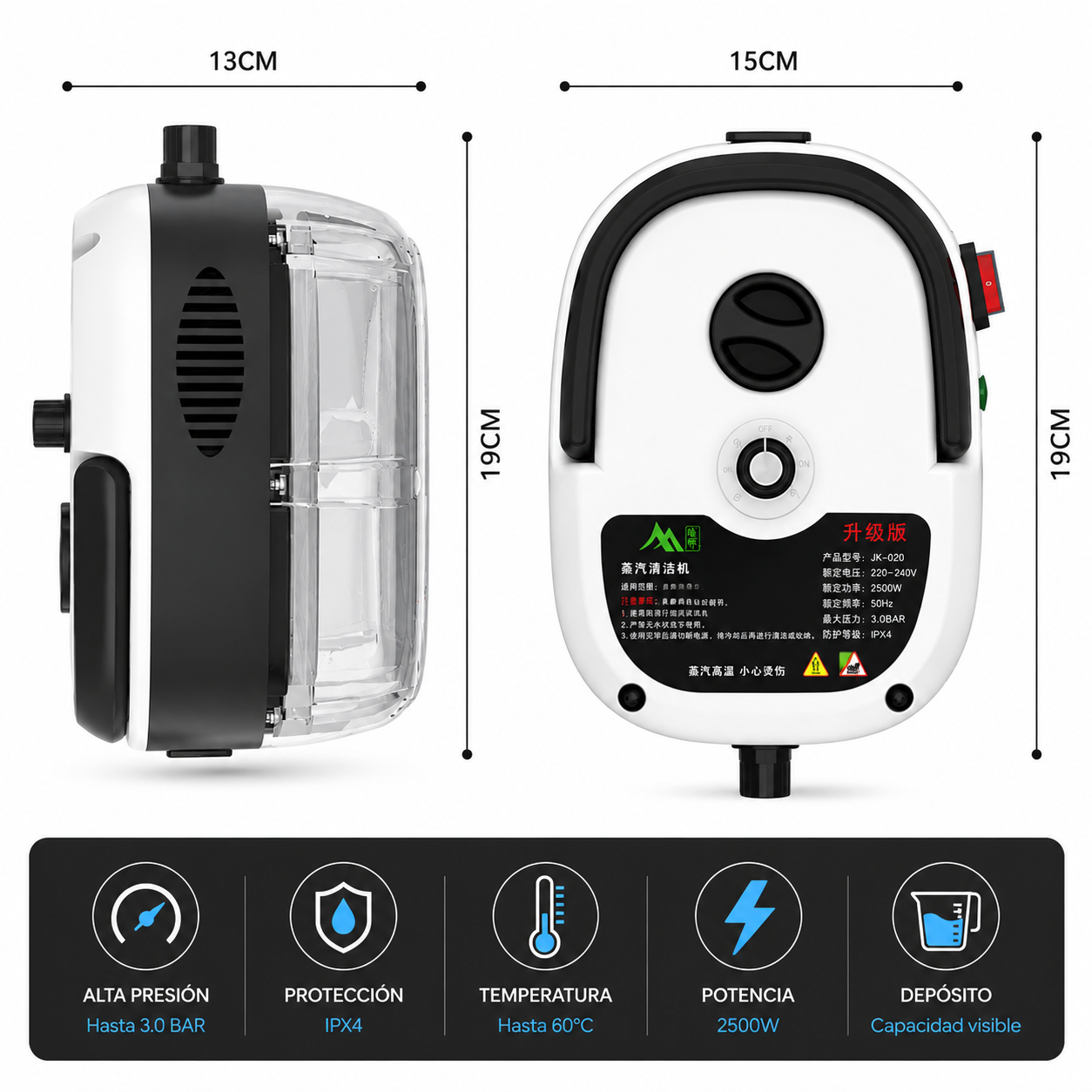 VapoMax™ Limpiador de Vapor a Presion 2500w Portatil
