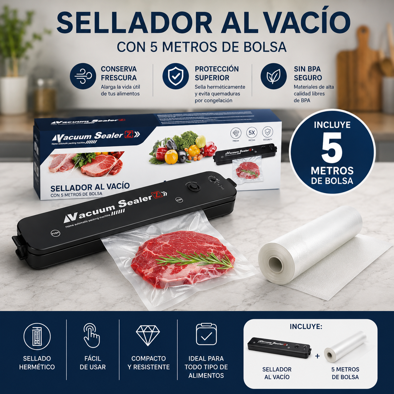 Selladora Al Vacío + 5 Metros de Bolsas Texturizadas (Pack)