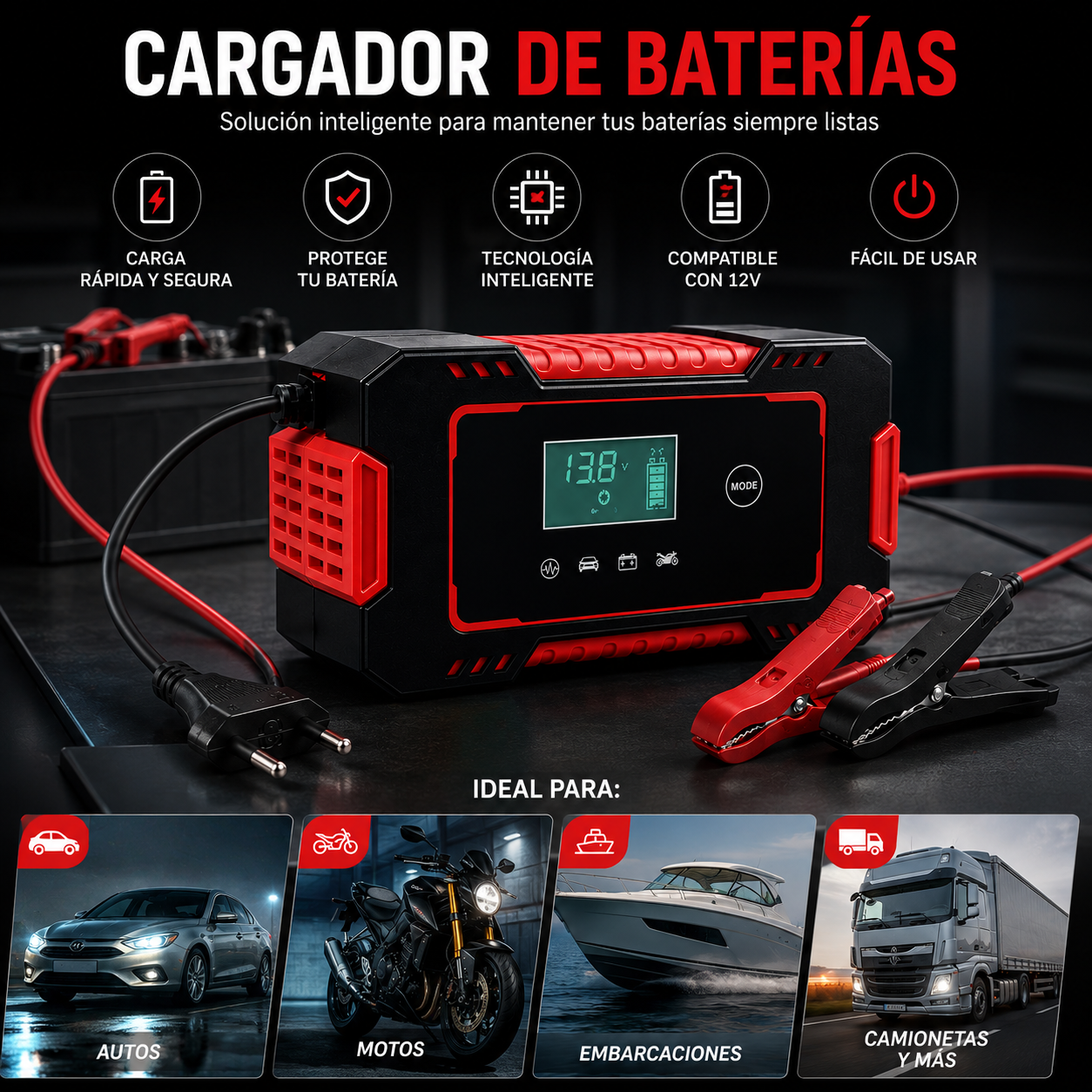 Cargador y Reparador de Baterías Universal 12V (Auto, Moto, Etc)