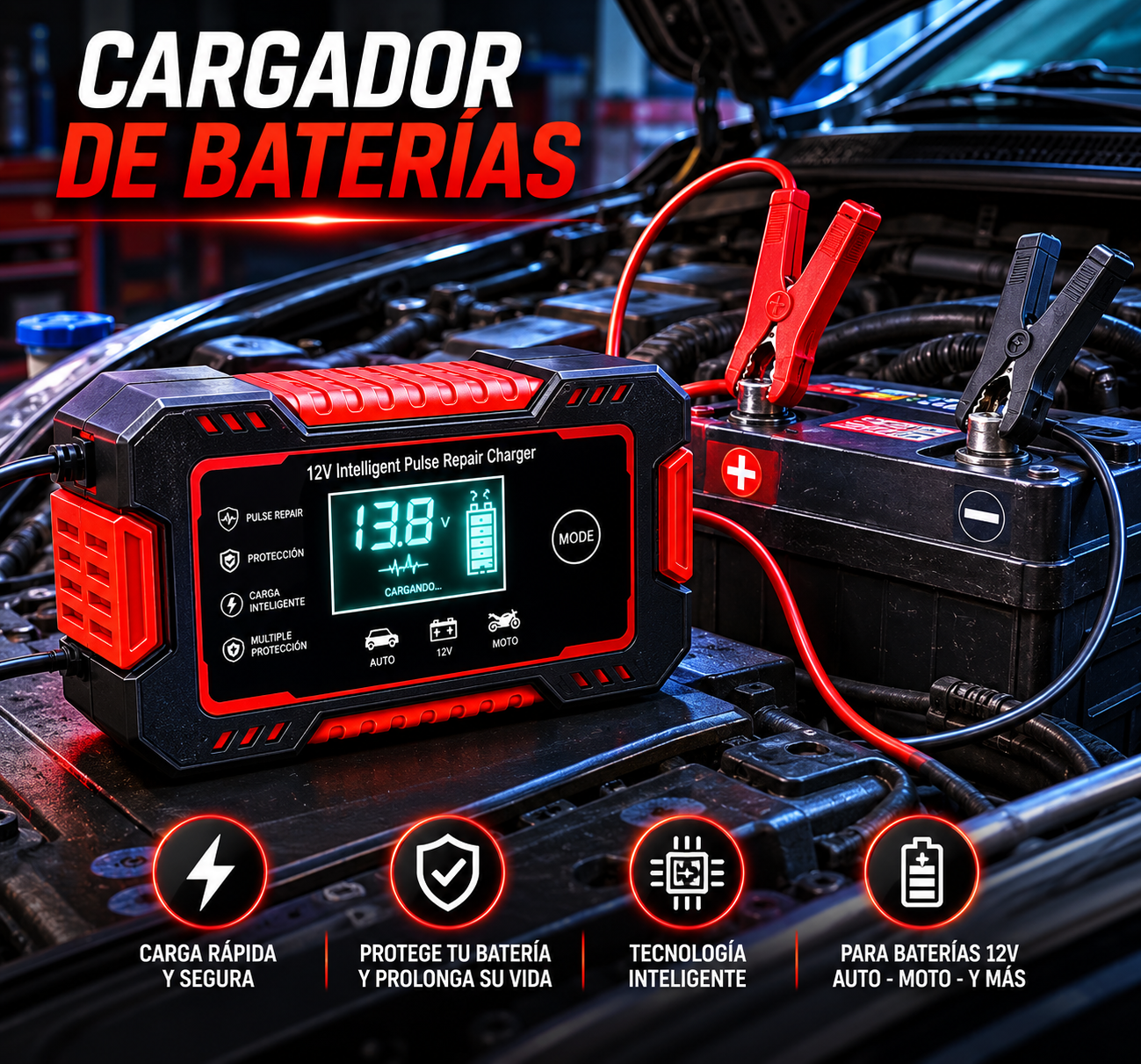 Cargador y Reparador de Baterías Universal 12V (Auto, Moto, Etc)